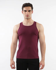 A maroon rib stretch tencel cotton sleeveless tank top with a simple fitted design for casual wear