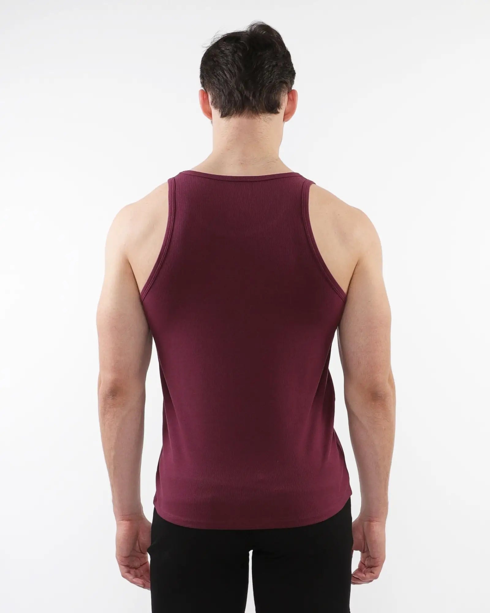 A maroon rib stretch tencel cotton tank top with smooth fitted fabric and rounded neckline for casual wear