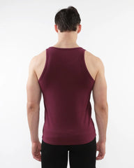 A maroon rib stretch tencel cotton tank top with smooth fitted fabric and rounded neckline for casual wear