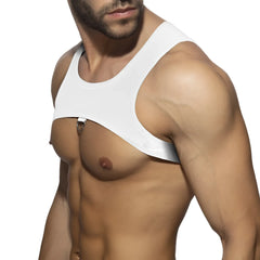 White form-fitting tank top with metallic ring detail at center front from ring plan harness collection