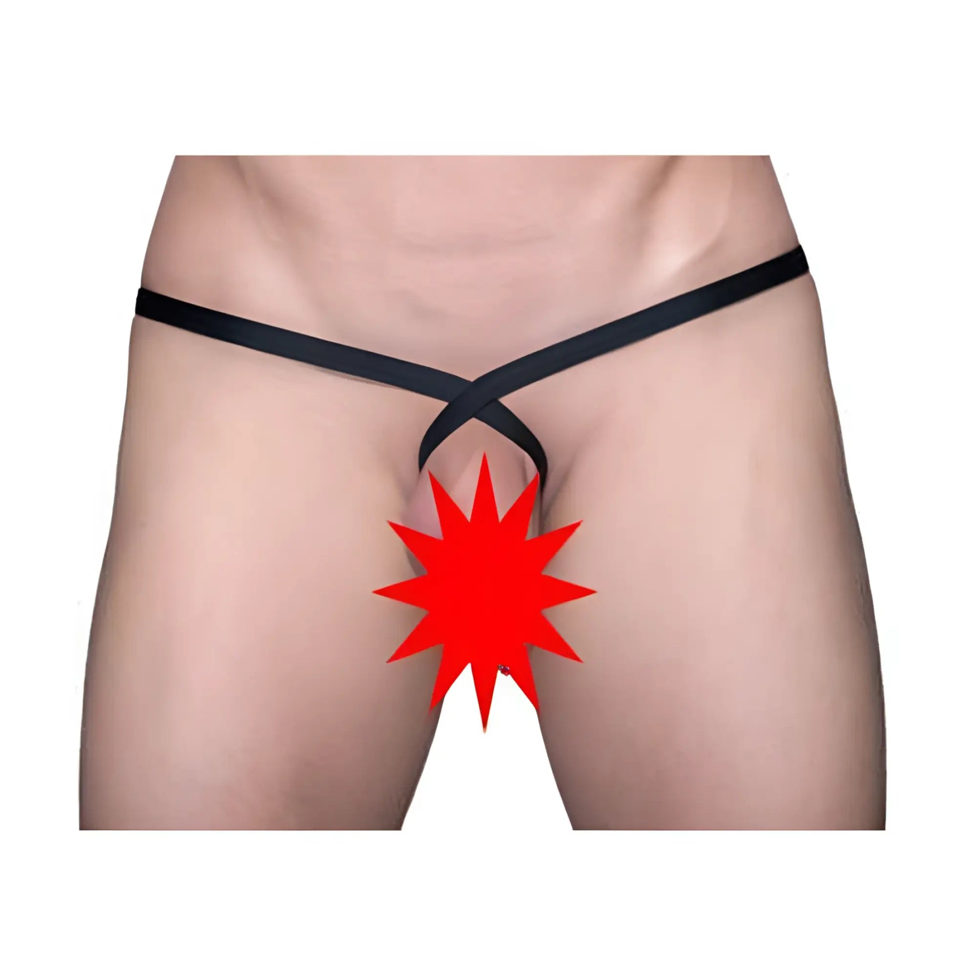 Black satin ring thong with crossed waistband design shown from the back in thong and sock bundle