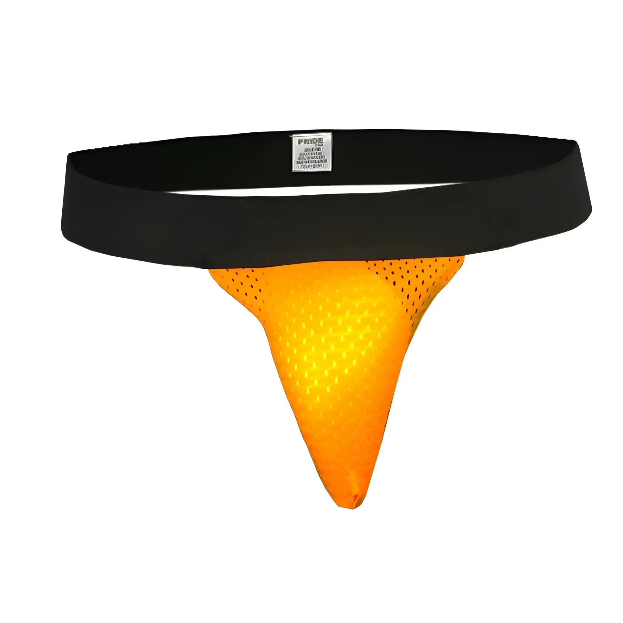 Bright orange mesh ring thong with black elastic waistband shown from the back in a ring thong and sock bundle