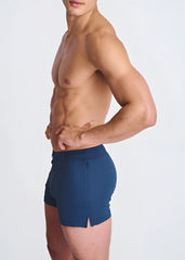 Navy blue ribbed riviera seersucker swim shorts with mesh lining side zipper and split hem for athletic use