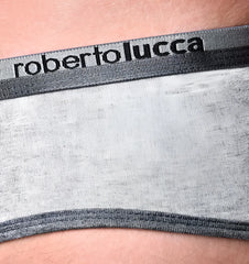 Gray heathered Roberto Lucca men’s brief underwear with black elastic waistband and brand logo in size S