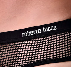 Black mesh trunk underwear with solid black elastic waistband featuring white embroidered roberto lucca branding size l