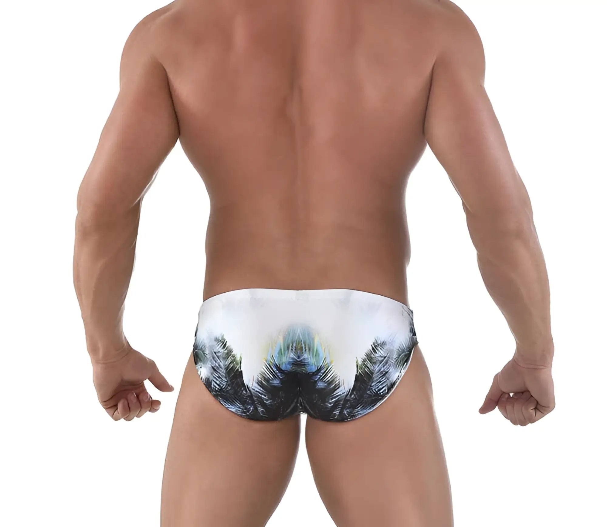 White Roberto Lucca swim trunks with symmetrical black green and blue tropical palm tree print in size 2XL