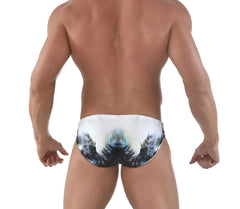White Roberto Lucca swim trunks with symmetrical black green and blue tropical palm tree print in size 2XL
