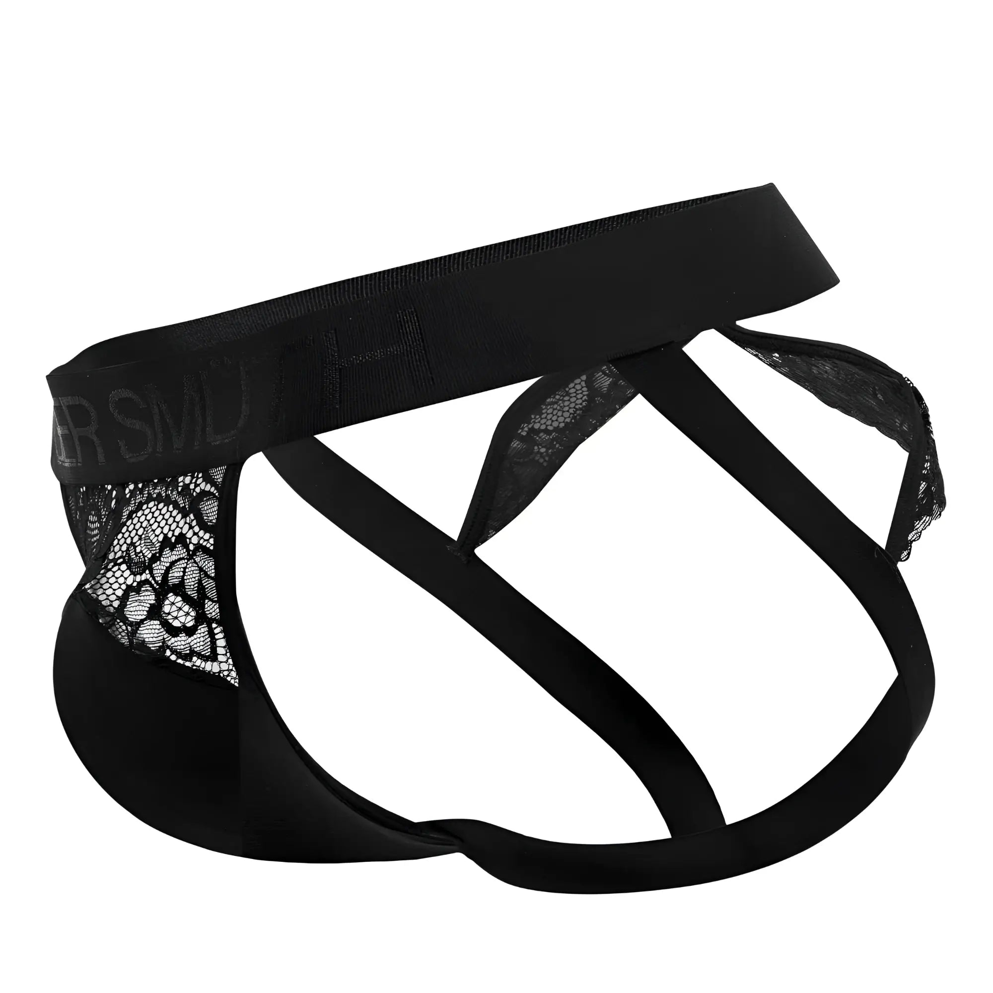 Black lace-trimmed men’s briefs with solid black elastic waistband and supportive straps roger smuth rs005 jockstrap