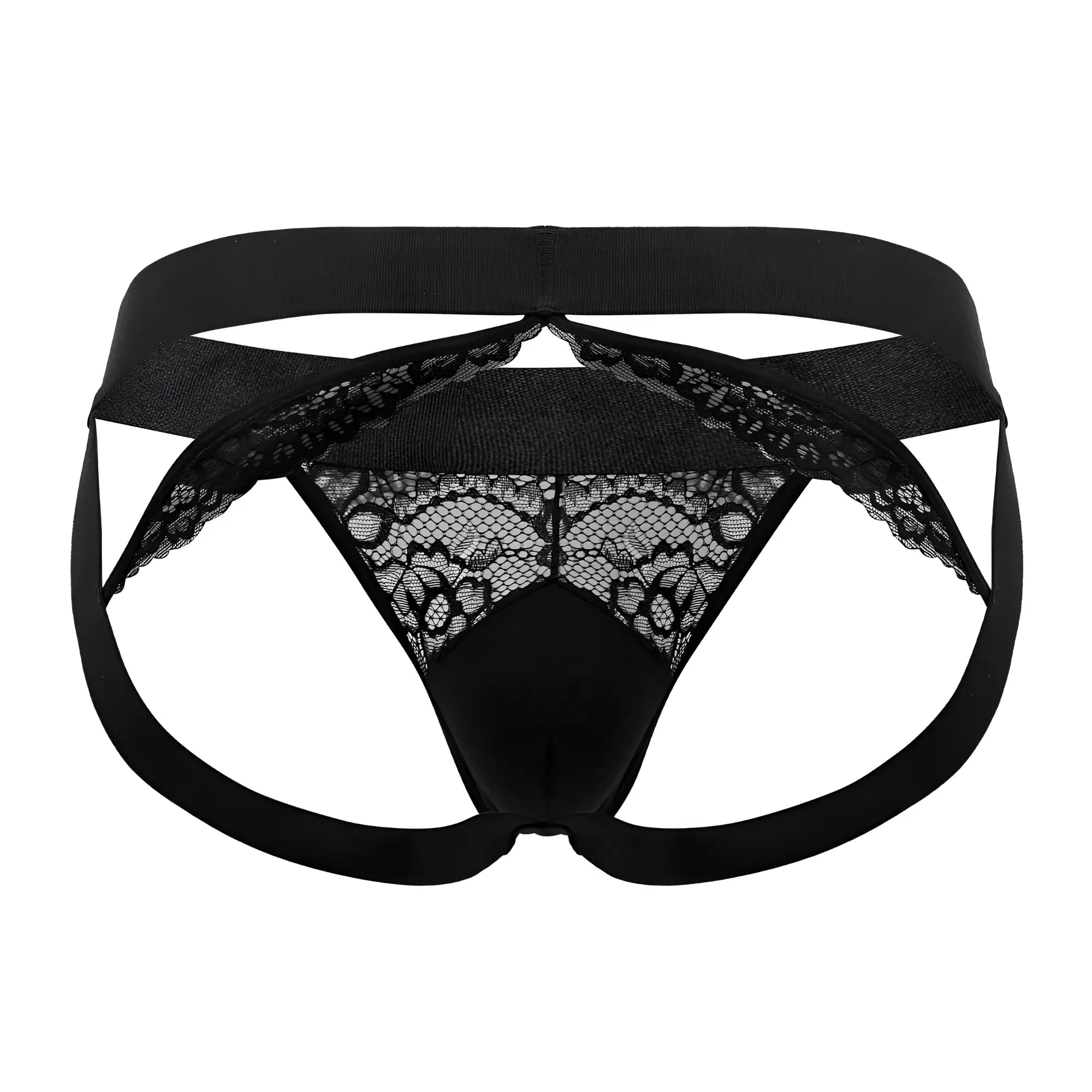 Roger smuth rs005 jockstrap in black with black lace trim and solid black elastic waistband and leg straps