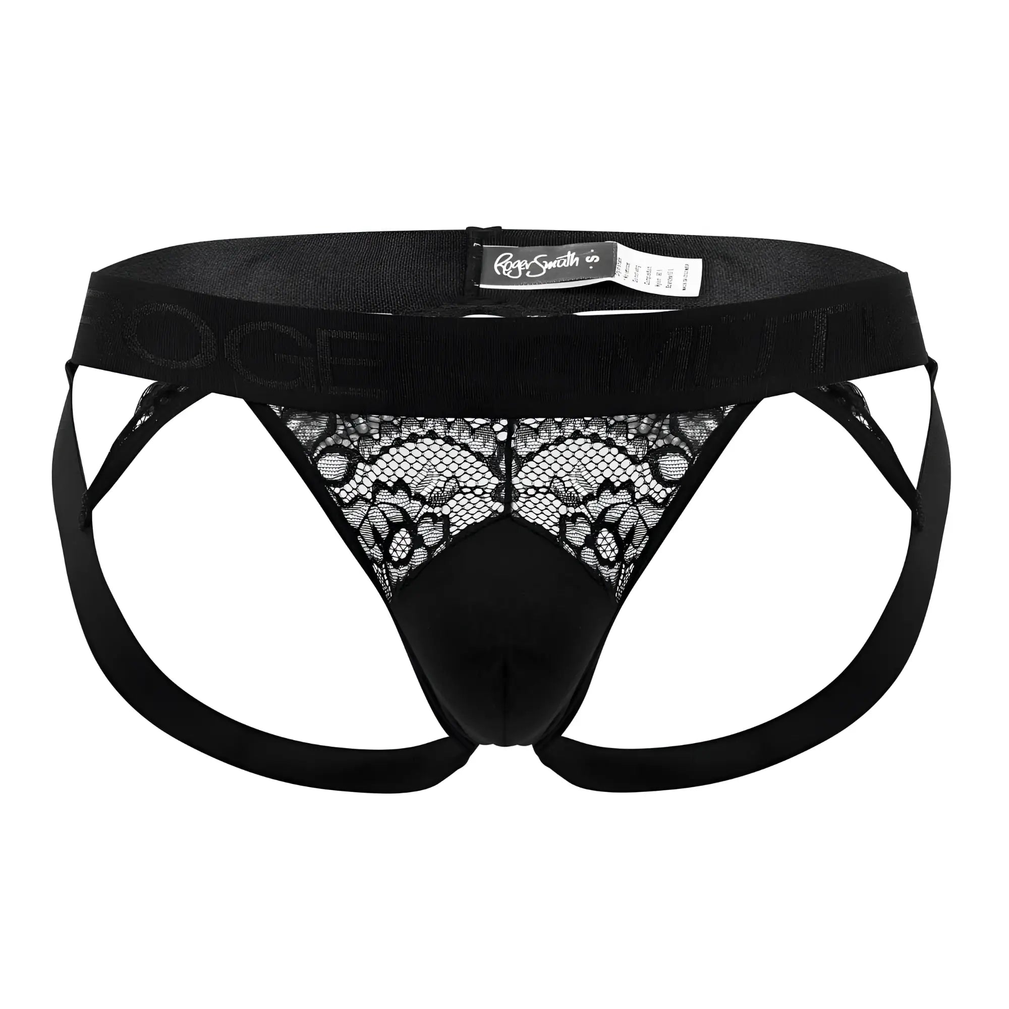Black lace-trimmed roger smuth rs005 jockstrap briefs with solid black elastic waistband and rags smith co label
