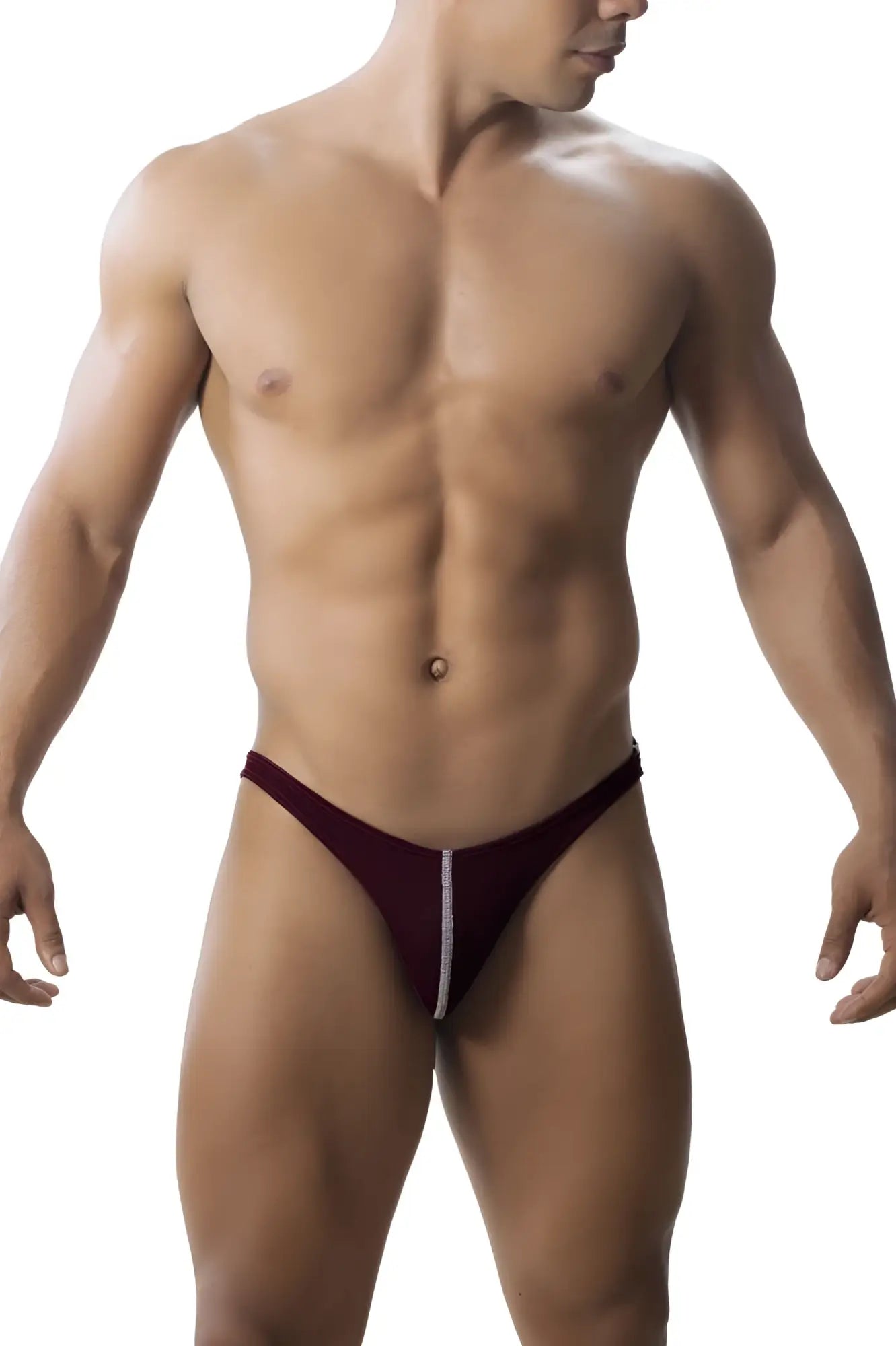 Maroon Roger Smuth RS018-1 jockstrap with a silver zipper detail down the center front