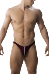Maroon Roger Smuth RS018-1 jockstrap with a silver zipper detail down the center front