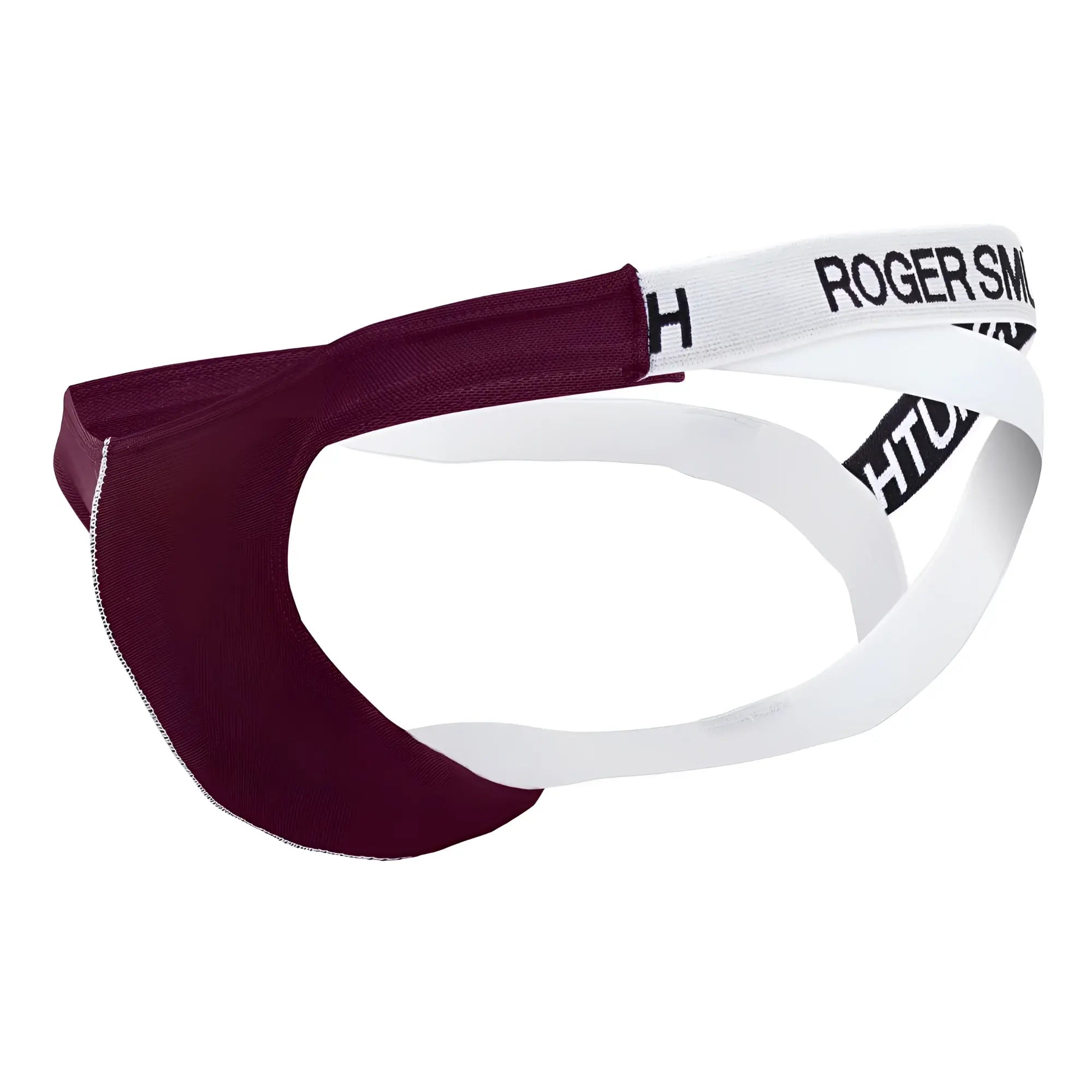 Maroon and white Roger Smith RS018-1 jockstrap with mesh front panel designed for athletic support