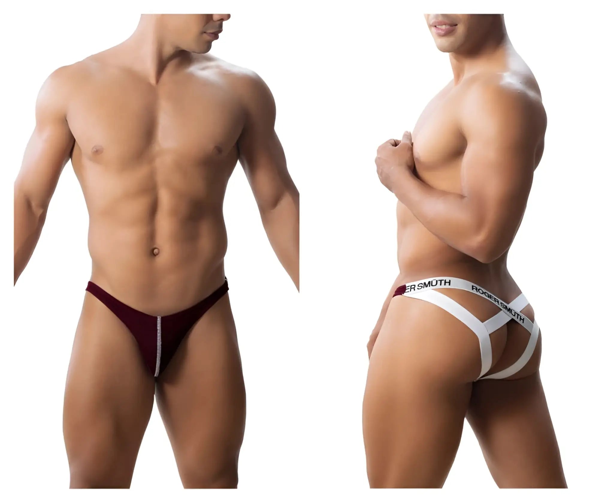 Maroon and white roger smith rs018-1 jockstrap briefs with central zipper detail in burgundy color