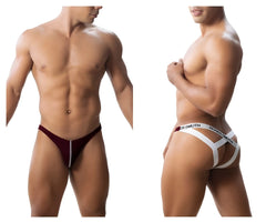 Maroon and white roger smith rs018-1 jockstrap briefs with central zipper detail in burgundy color