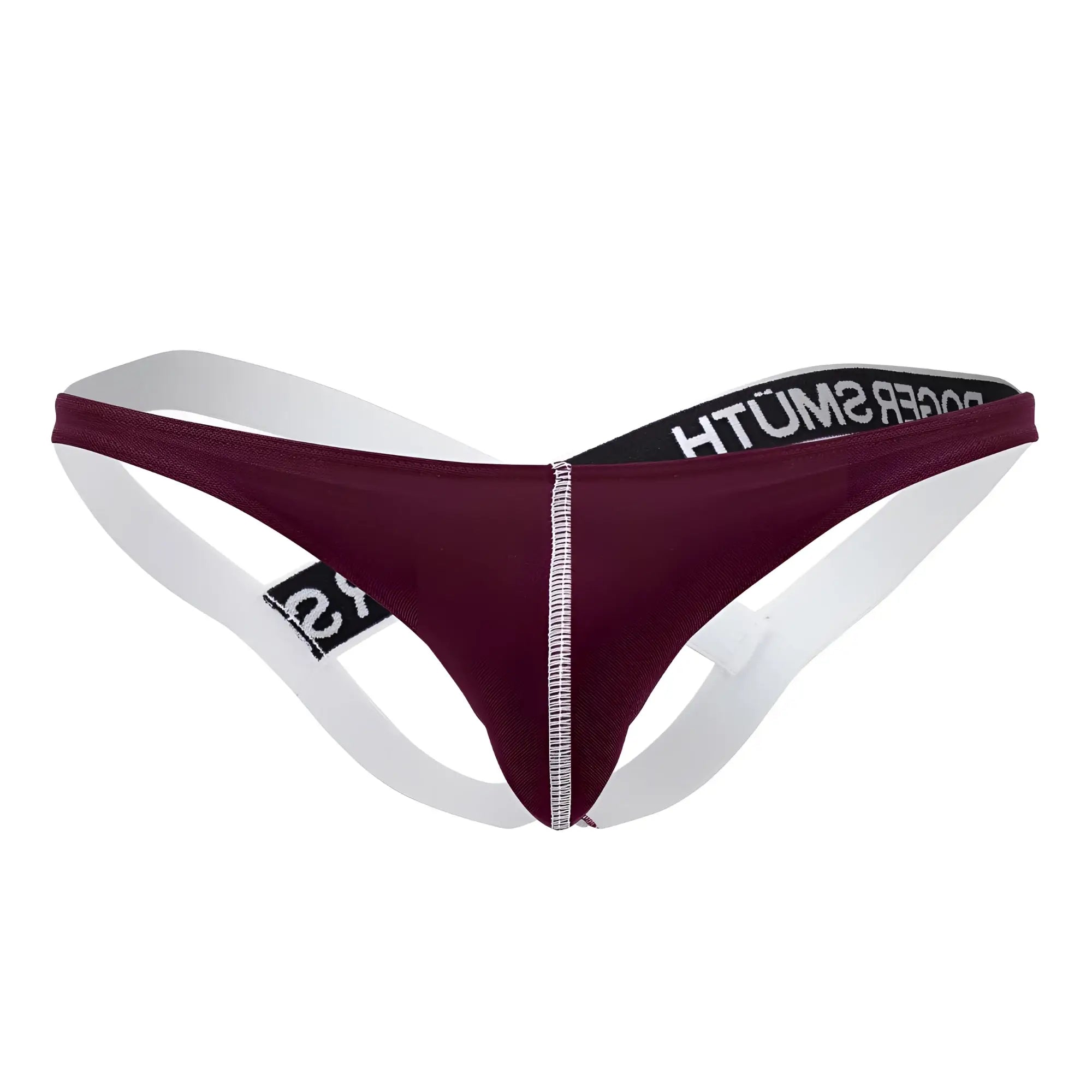 Maroon and white thong jockstrap with black elastic waistband and roger smith branding in bold white lettering