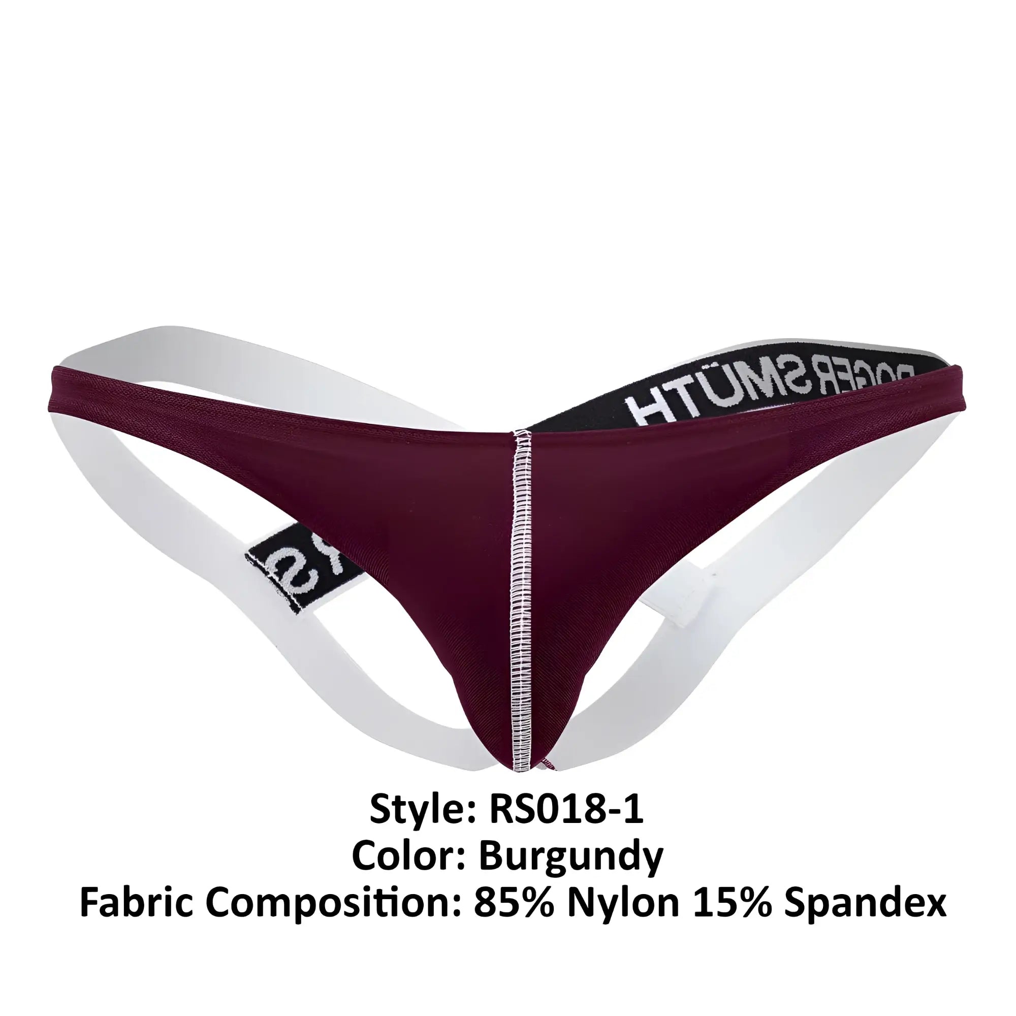 Burgundy roger smuth rs018-1 jockstrap with white side straps and black elastic waistband with poker smut branding