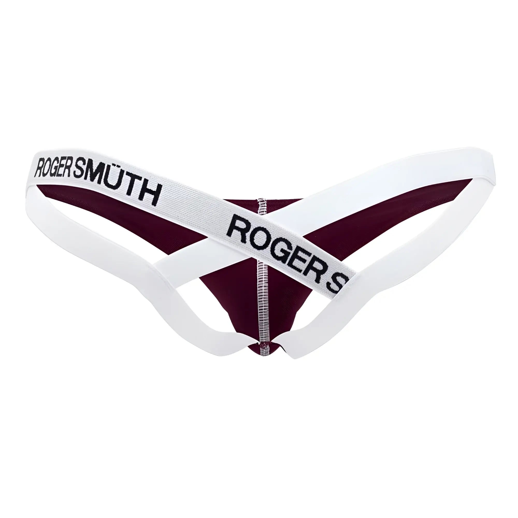 White and maroon roger smuth rs018-1 jockstrap briefs with crisscross design in burgundy color