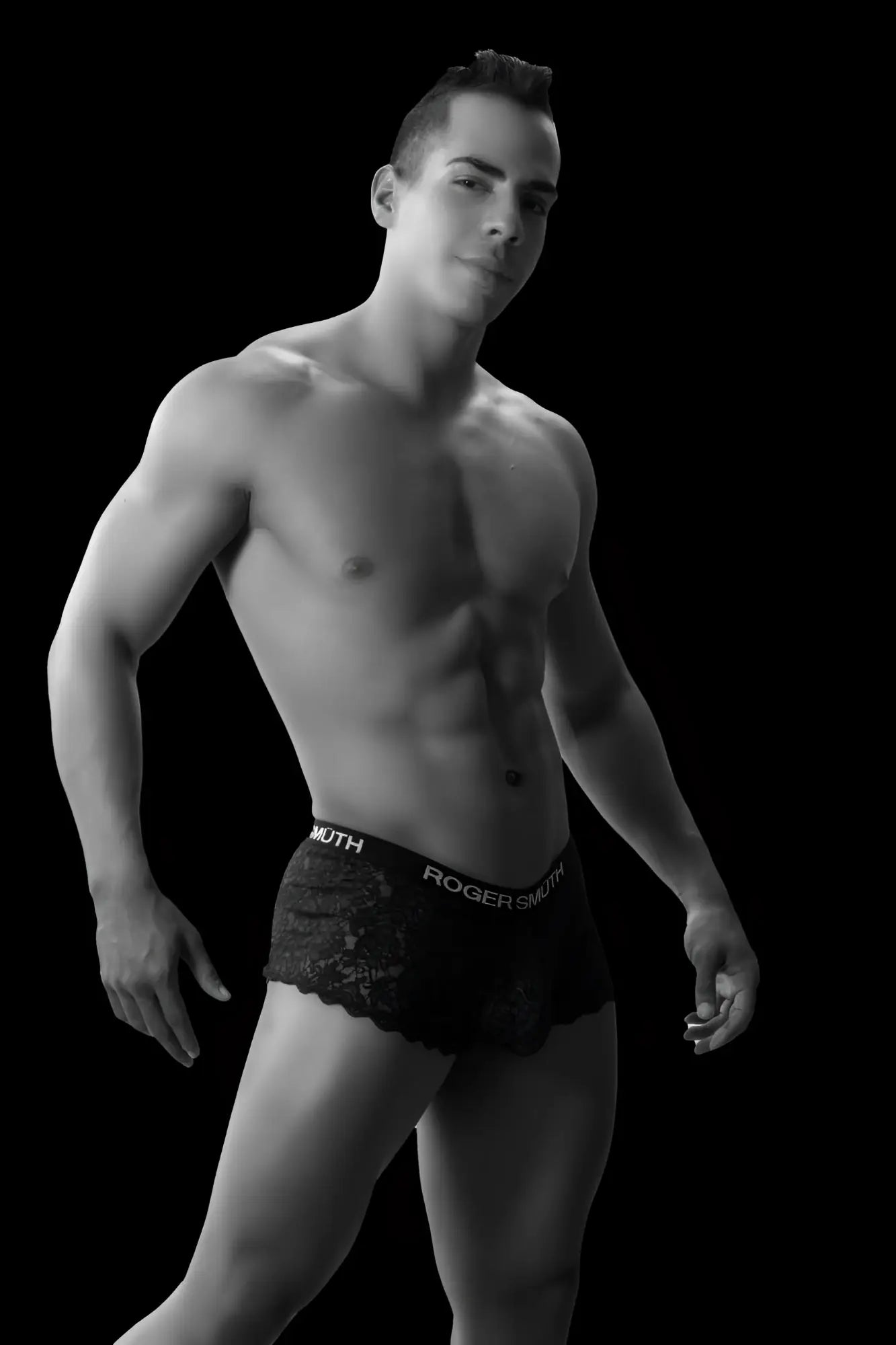Black lace-trimmed roger smuth rs035 burgundy men’s trunks with rogers branding on the waistband