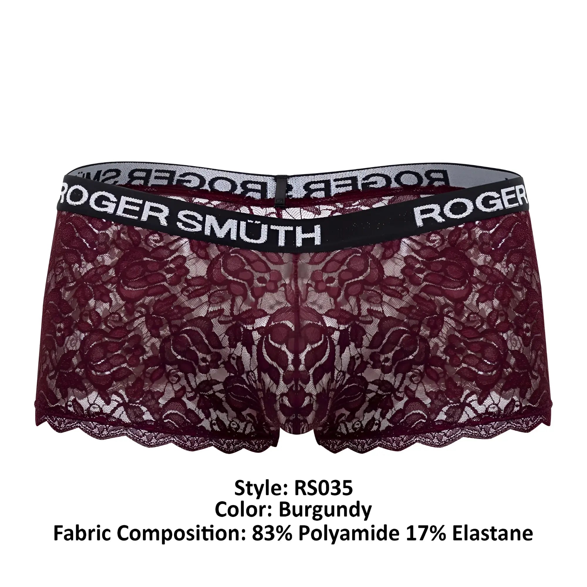 Roger Smuth RS035 trunks burgundy lace underwear with black elastic waistband featuring roger smuth branding
