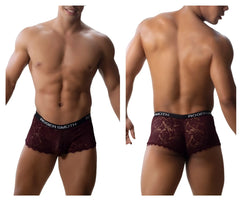 Maroon lace briefs with black elastic waistband featuring roger smuth logo labeled roger smuth rs035 trunks color burgundy