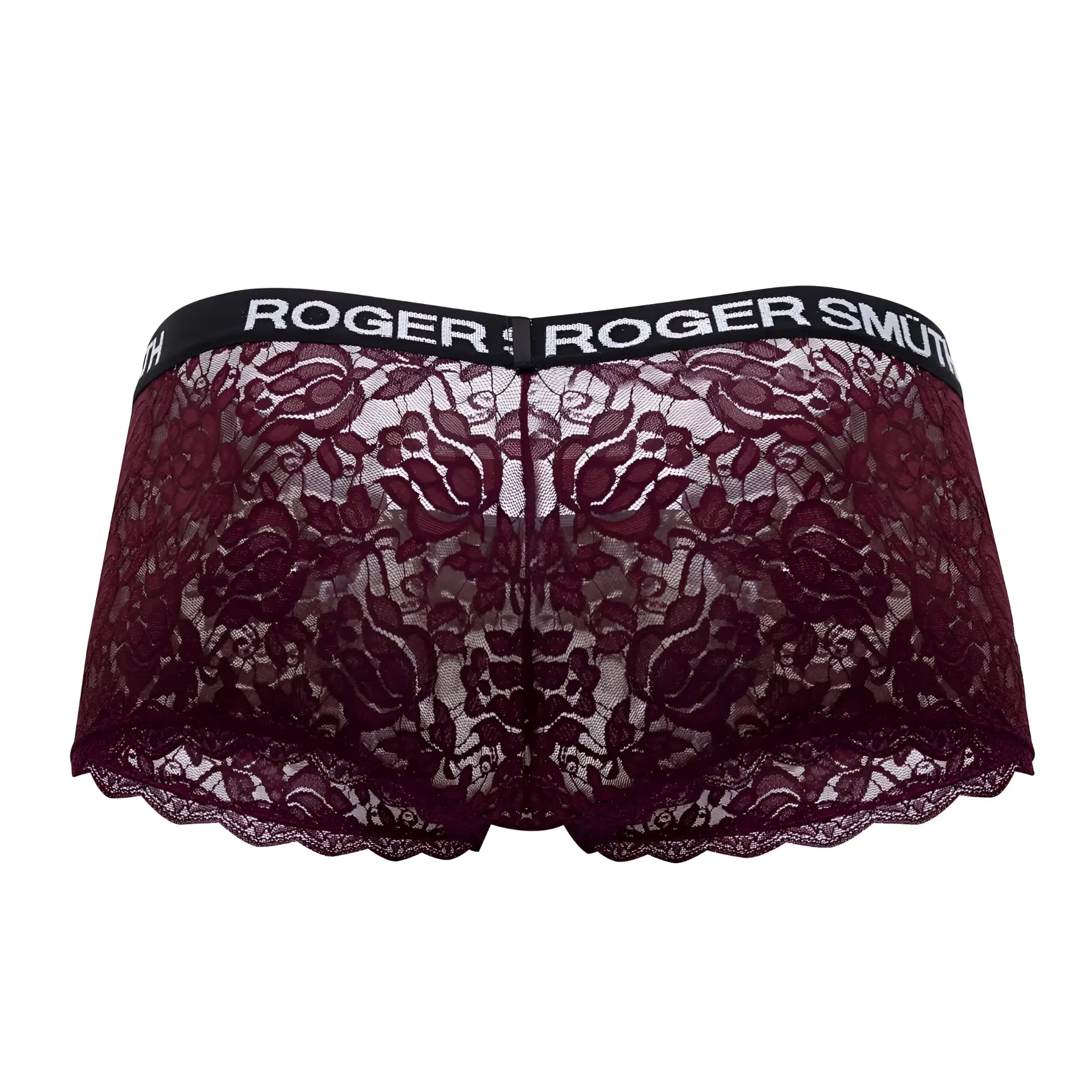 Maroon lace roger smuth rs035 trunks with black elastic waistband and white brand name lettering