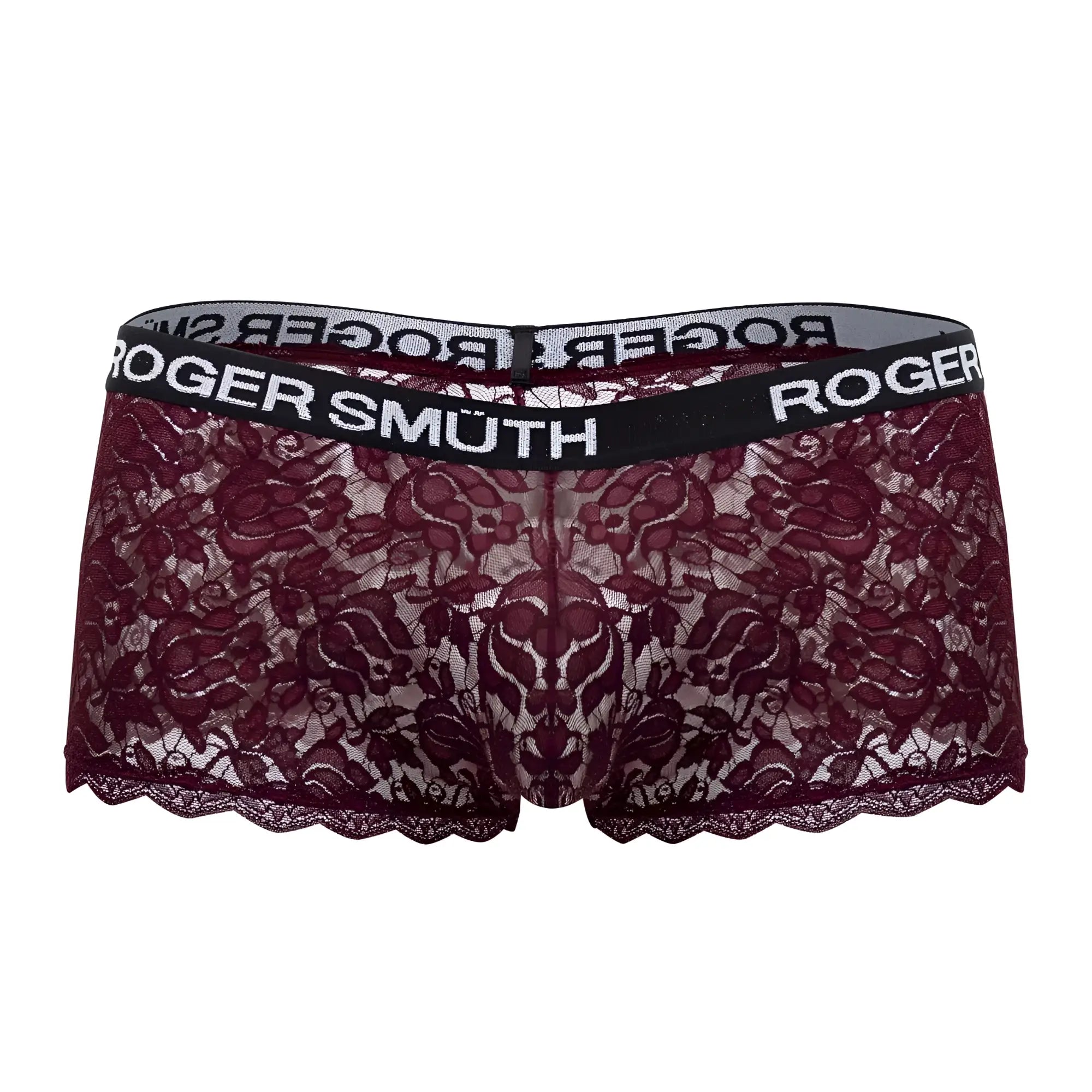 Maroon lace roger smuth rs035 trunks with black elastic waistband and white brand lettering on the front side