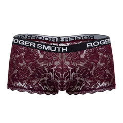 Maroon lace roger smuth rs035 trunks with black elastic waistband and white brand lettering on the front side