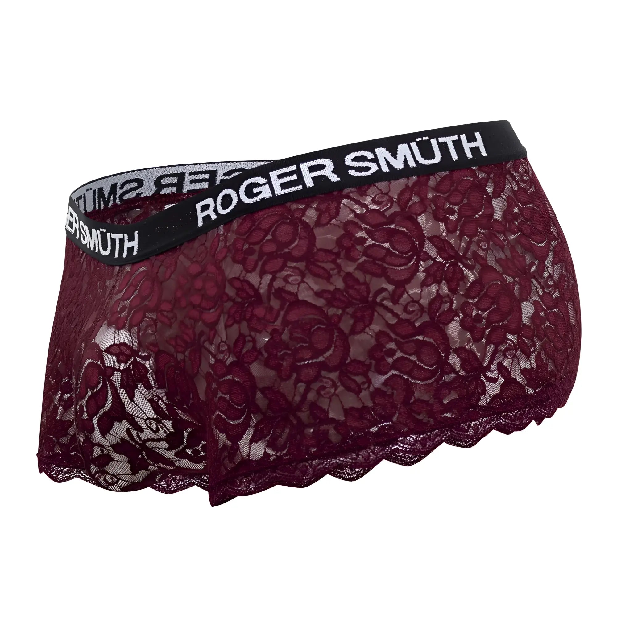 Maroon lace roger smüth rs035 trunks with black elastic waistband and white logo lettering in burgundy color