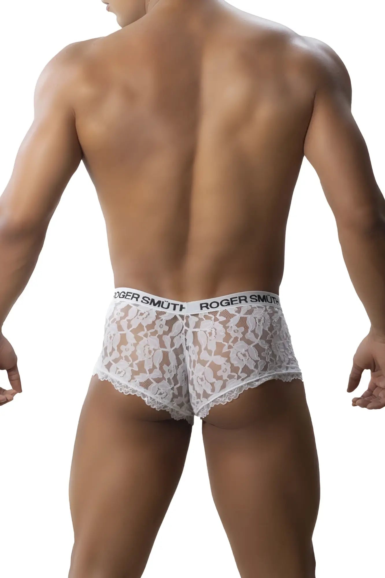 White lace briefs with floral pattern and roger smutt brand name on waistband from roger smuth rs035 trunks white