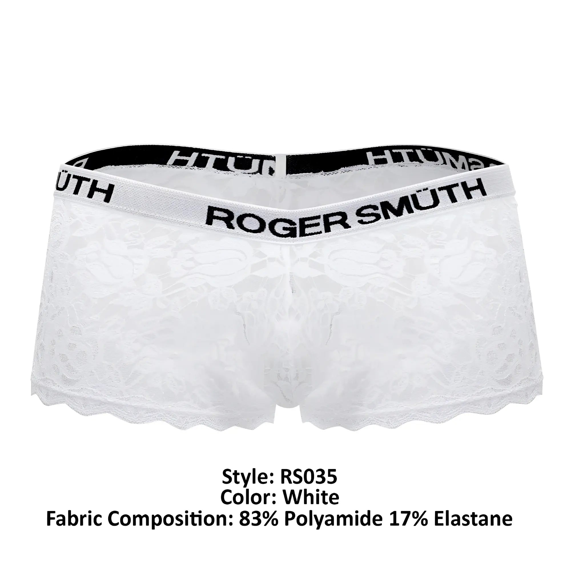 White lace men’s trunks with black elastic waistband featuring bold roger smuth branding in white letters