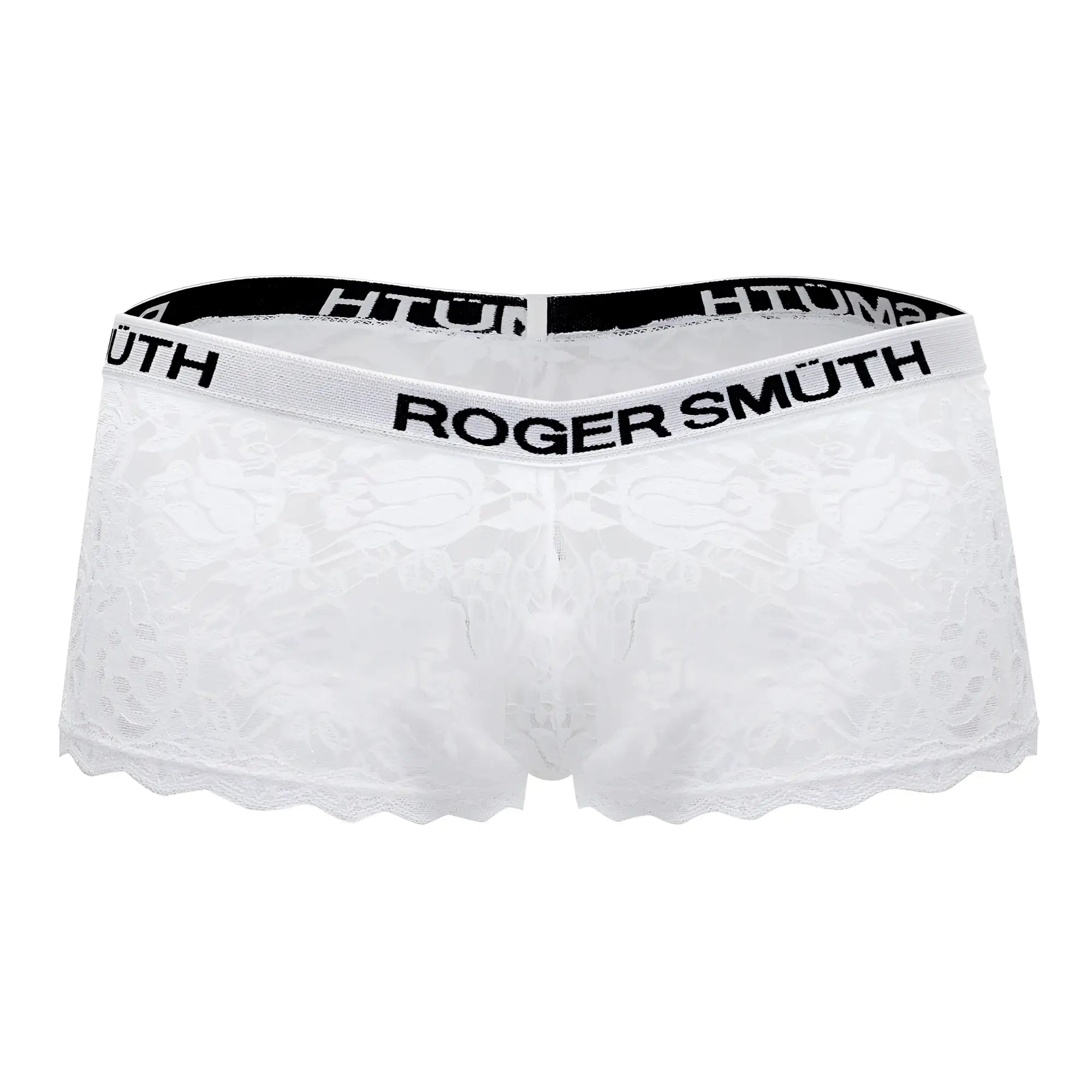 White lace men’s trunks with black elastic waistband branded roger smuth rs035 in bold lettering