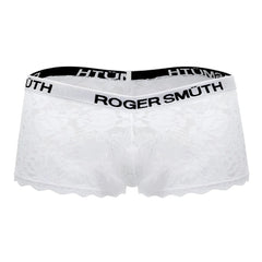 White lace men’s trunks with black elastic waistband branded roger smuth rs035 in bold lettering