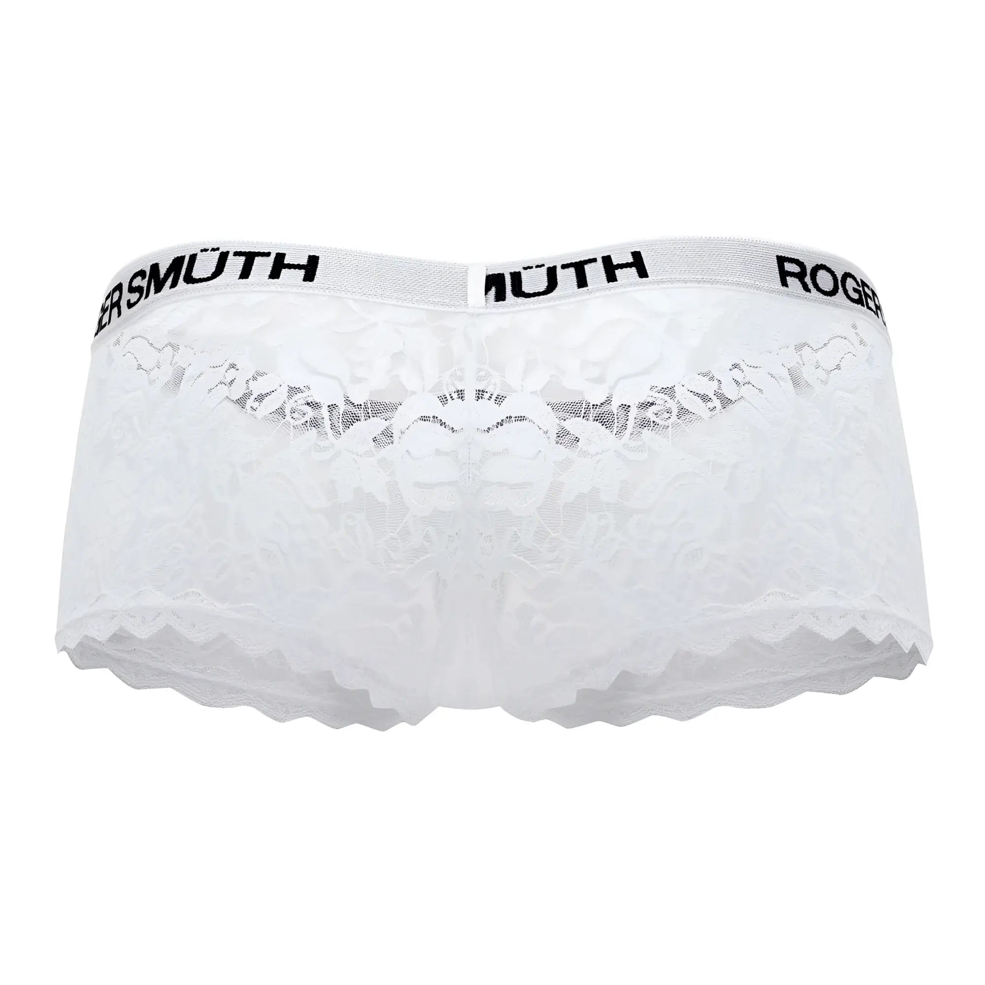 White lace roger smuth rs035 trunks with scalloped edge and black branding on the waistband in white color