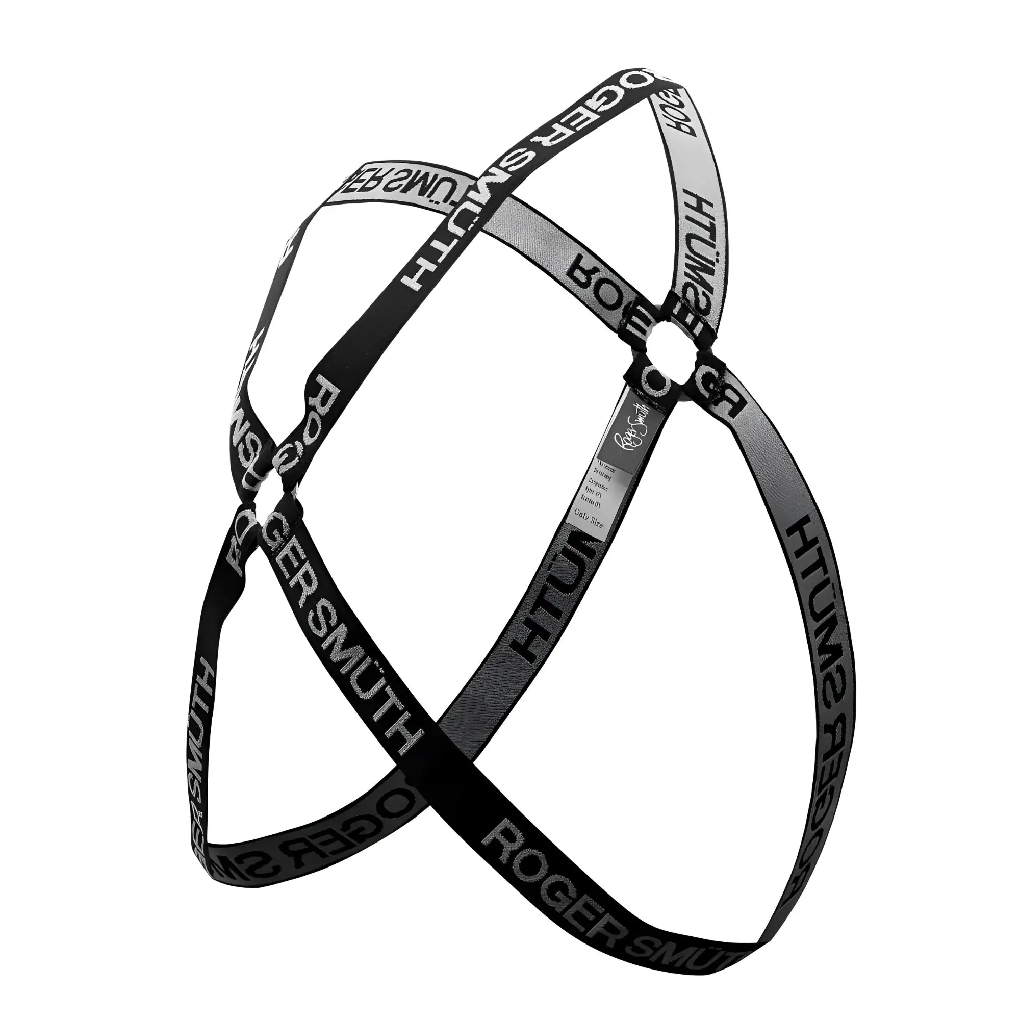 Black and gray striped crossbody strap with roger smith branding in bold white lettering for roger smith rs037 harness black