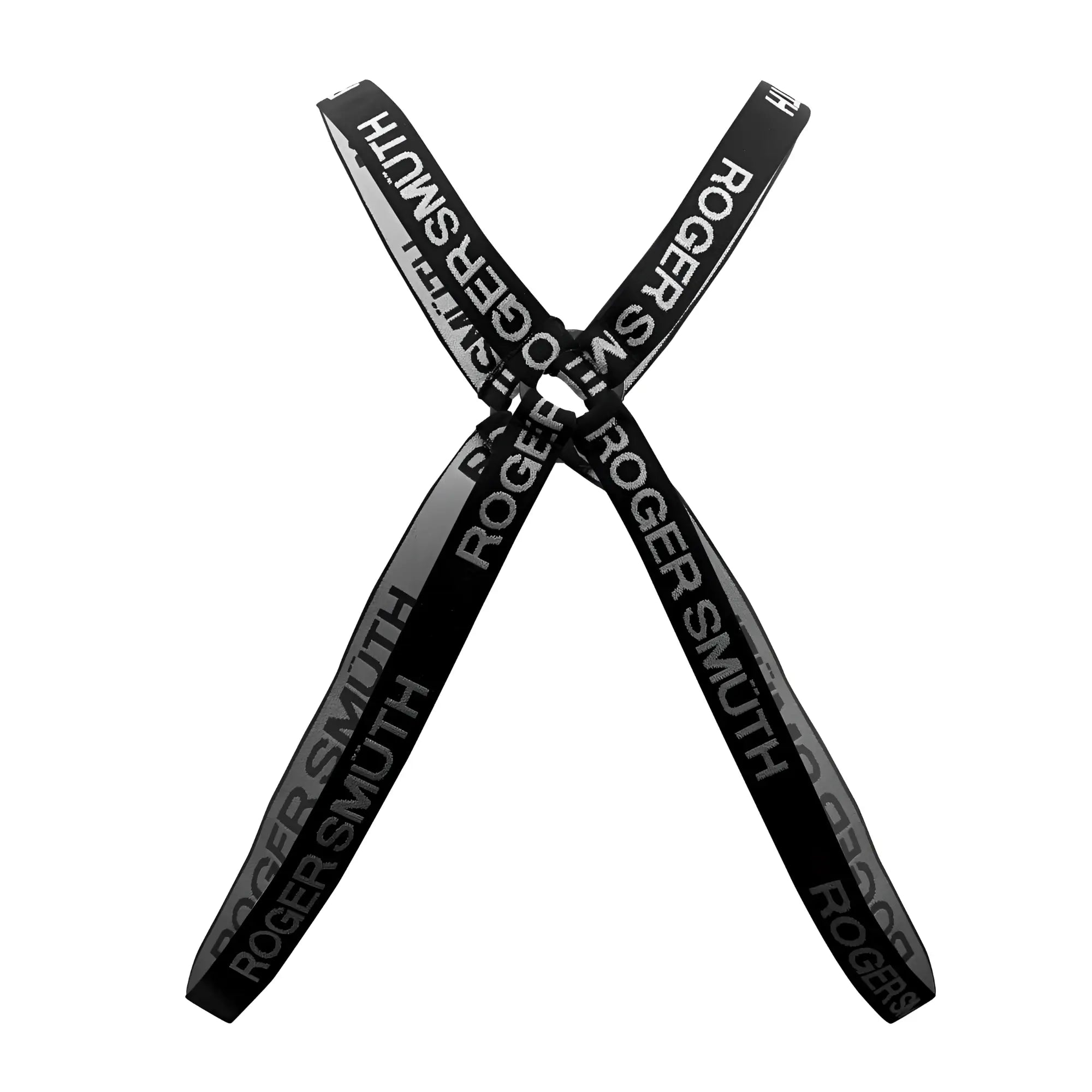 Black roger smith rs037 harness featuring a branded elastic strap with repeating silver text in black color