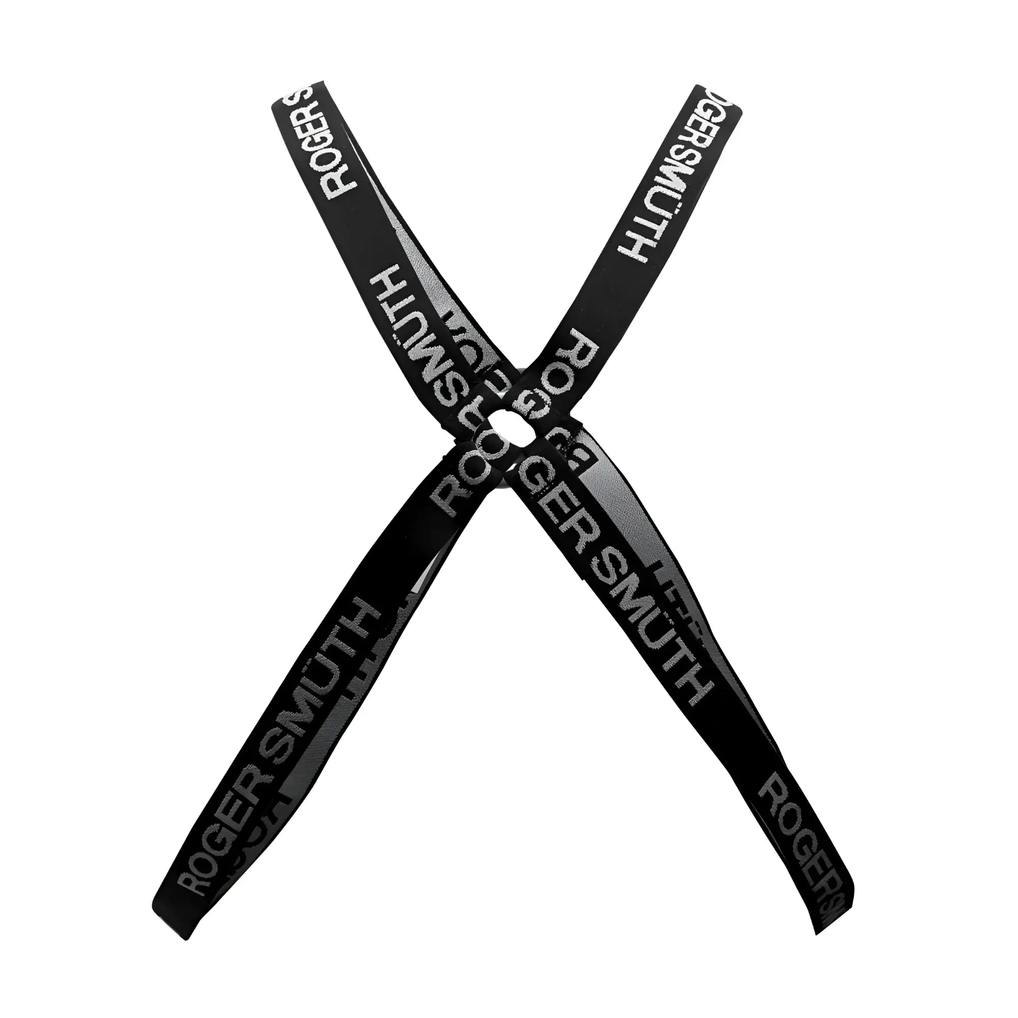 Black roger smith rs037 harness strap with repeating white lettering for secure and stylish wear