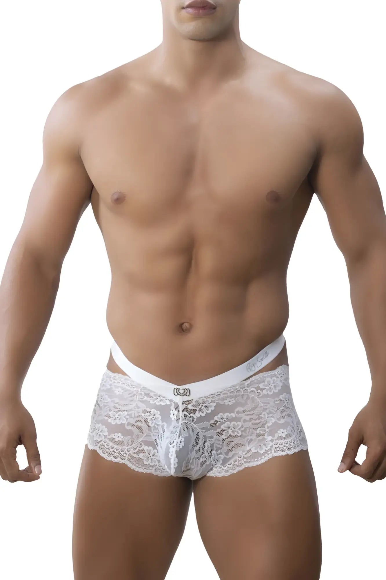 Roger Smuth Rs047 white lace briefs with delicate floral pattern and smooth elastic waistband front view