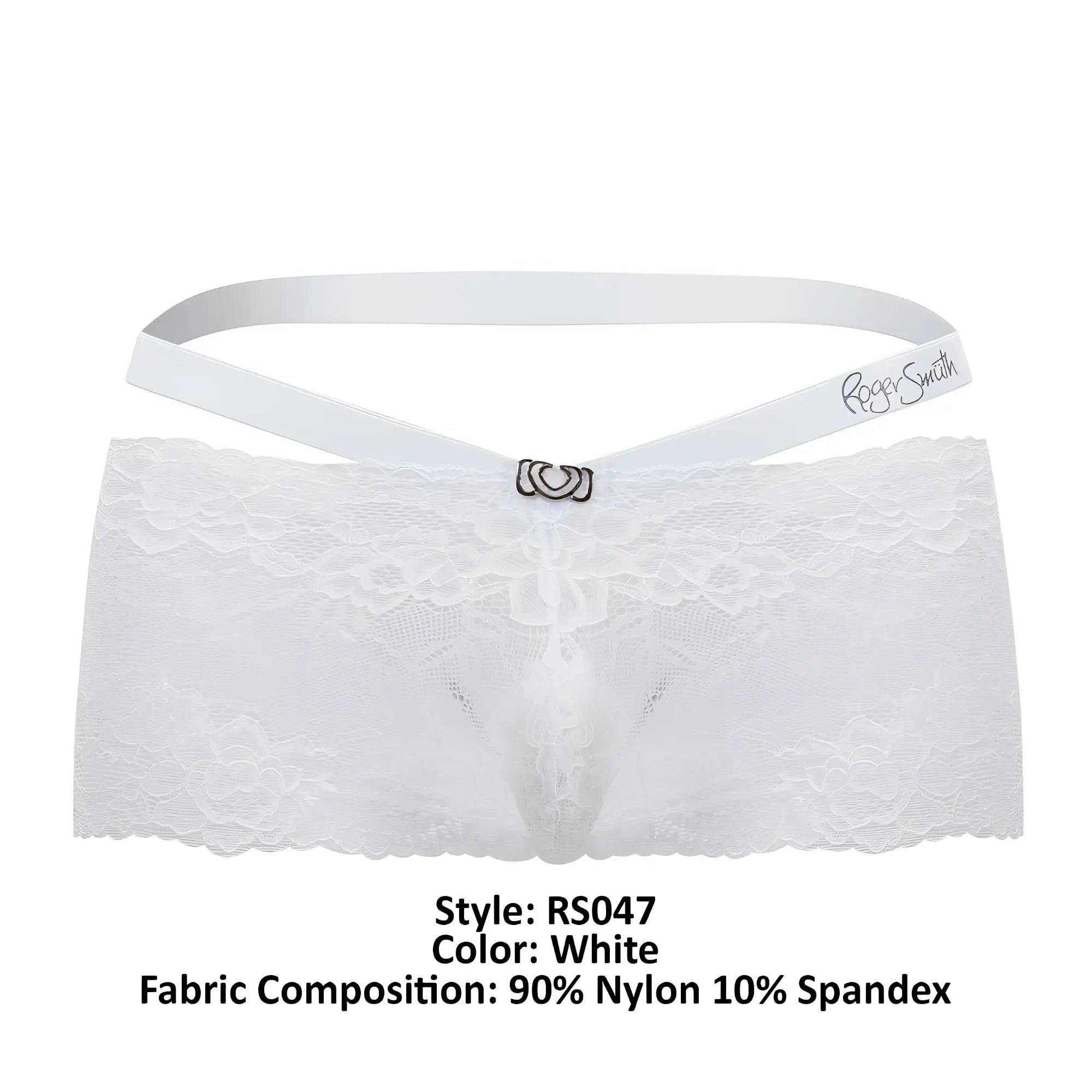 White lace thong with satin waistband and silver heart clasp embroidered with roger smith brand name in white