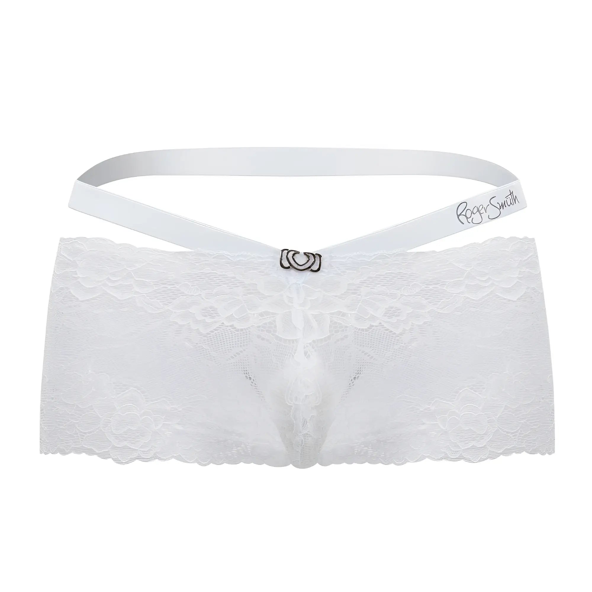 White lace thong with satin waistband and silver clasp embroidered with roger smith from roger smuth rs047 trunks white