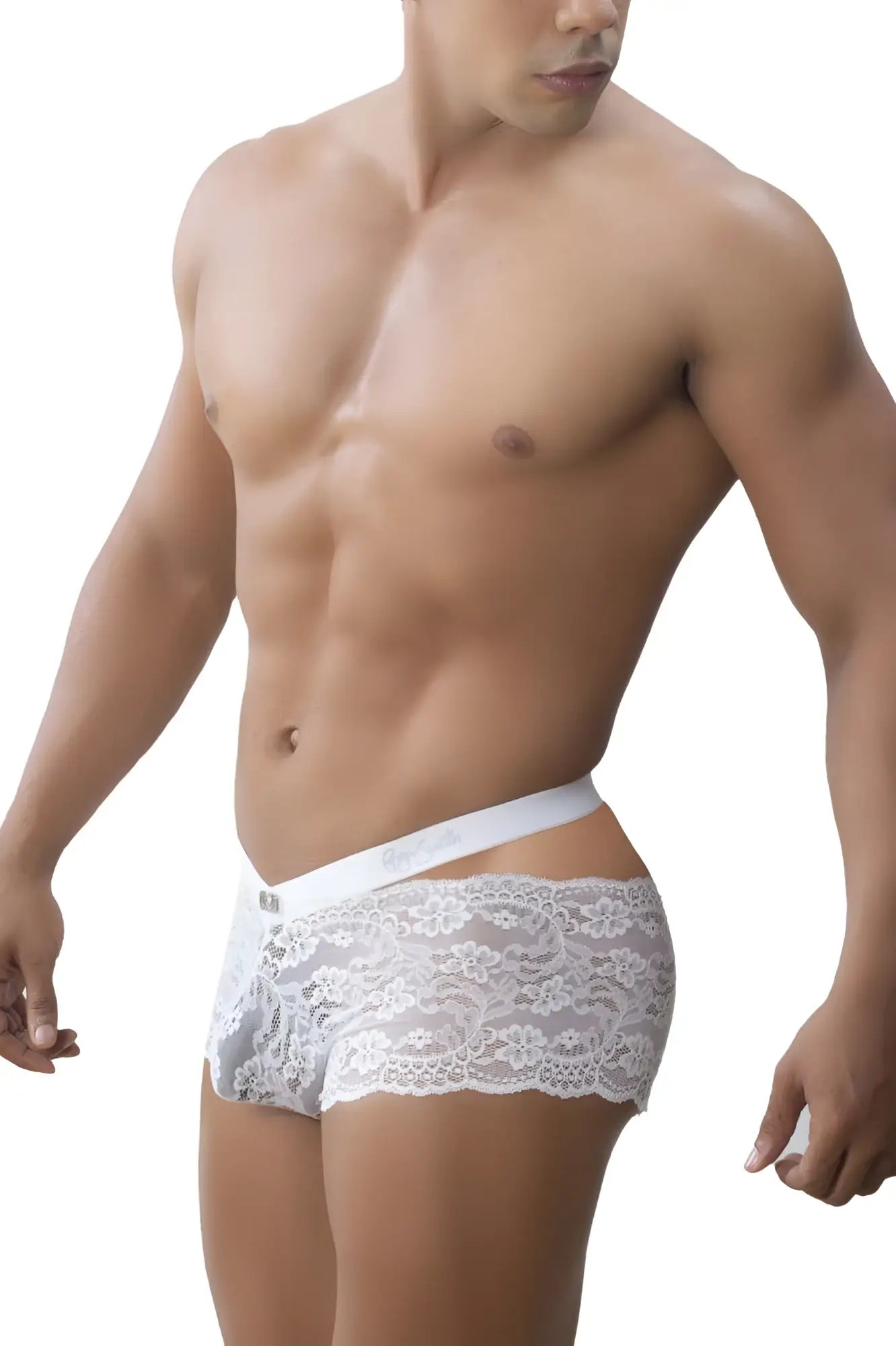Roger Smuth RS047 white briefs with lace trim floral pattern and smooth elastic waistband front view