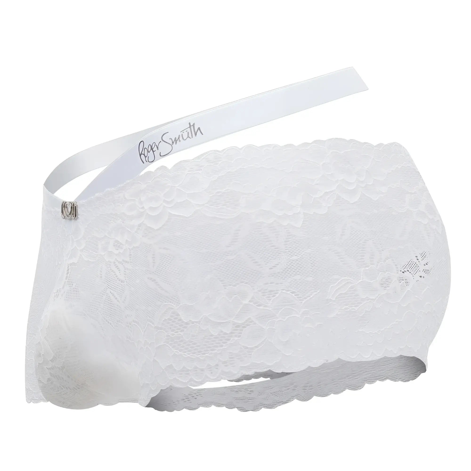 White lace roger smith rs047 trunks with scalloped edges and satin ribbon waistband in white color