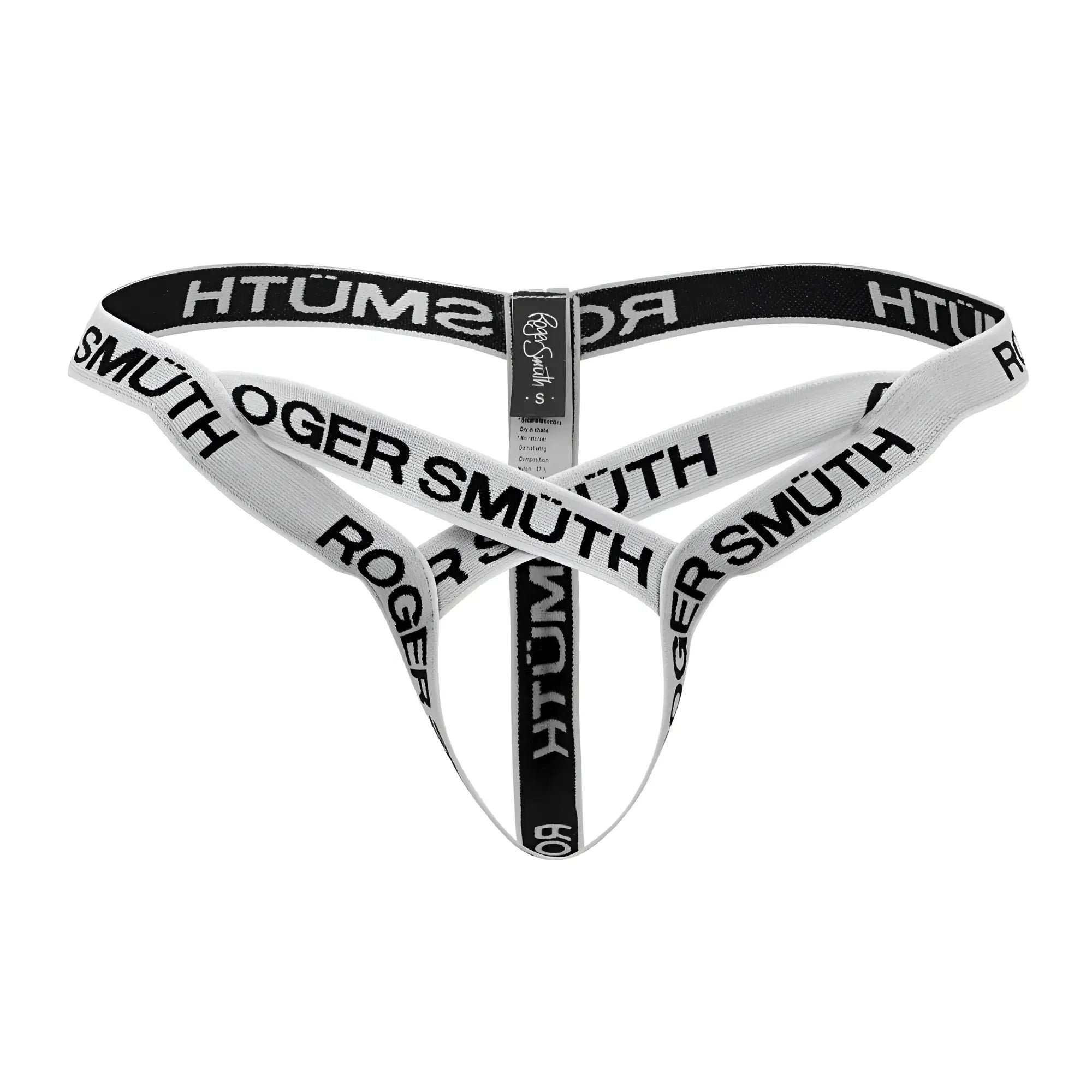 White and black roger smuth rs067 thong with bold lettering on elastic bands in a sleek design