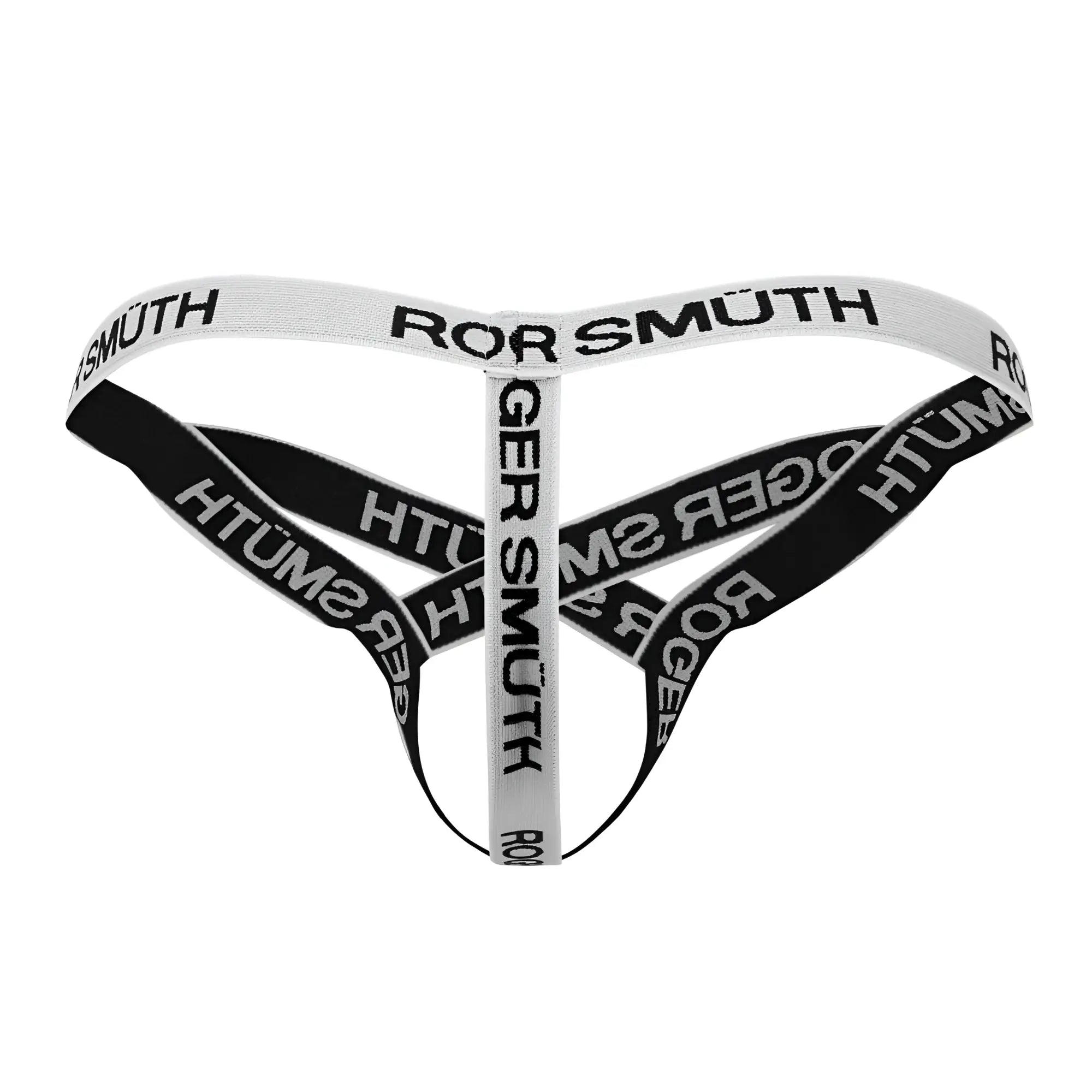 Black and white roger smuth rs067 thong with crisscross design showing back side in white color