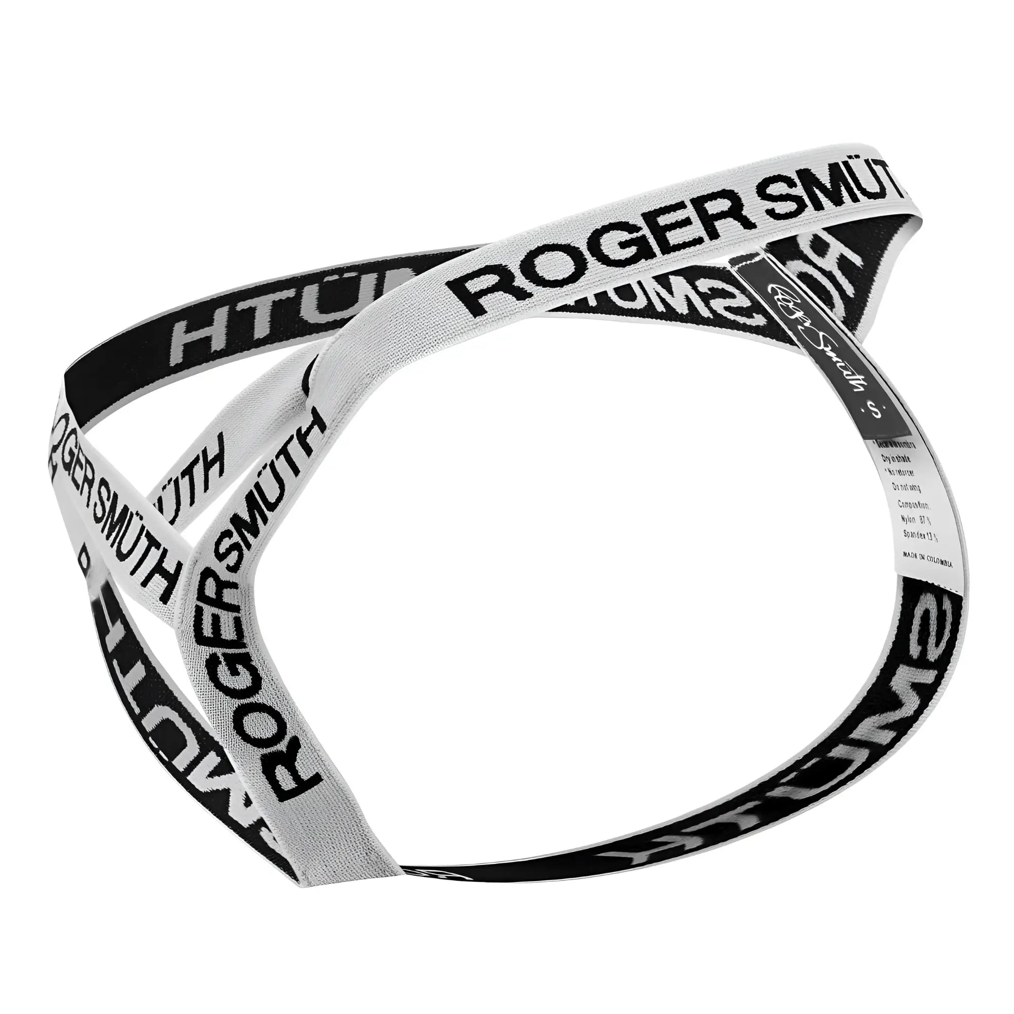 White roger smuth rs067 thongs with black and white striped elastic waistband featuring bold branding