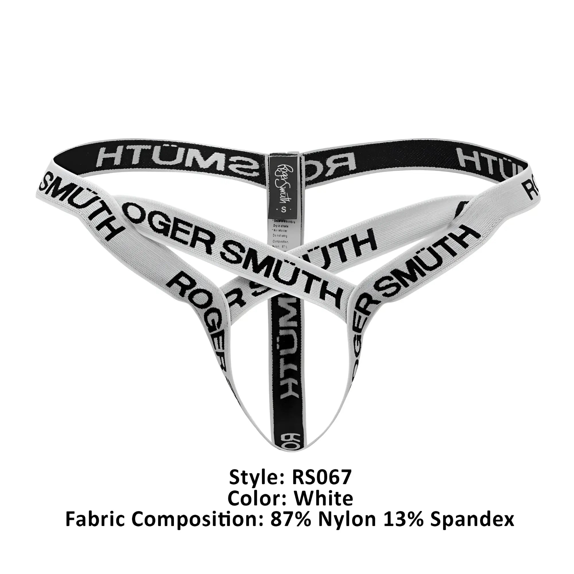 White Roger Smuth RS067 thong made of 87% nylon and 13% spandex with black branding visible on the front side