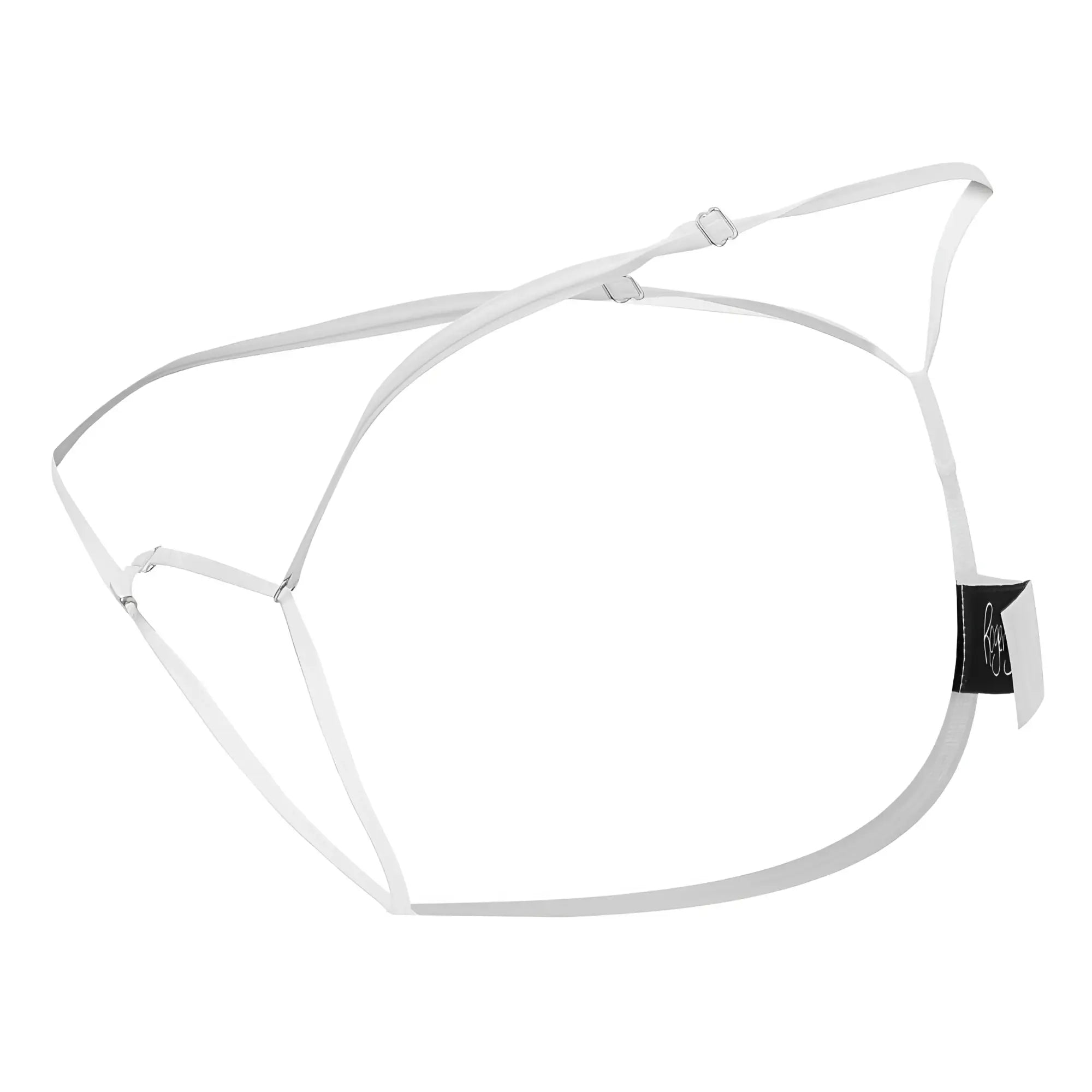 White roger smuth rs068 thongs with minimalist strappy lingerie support and adjustable metal clasps in sleek design