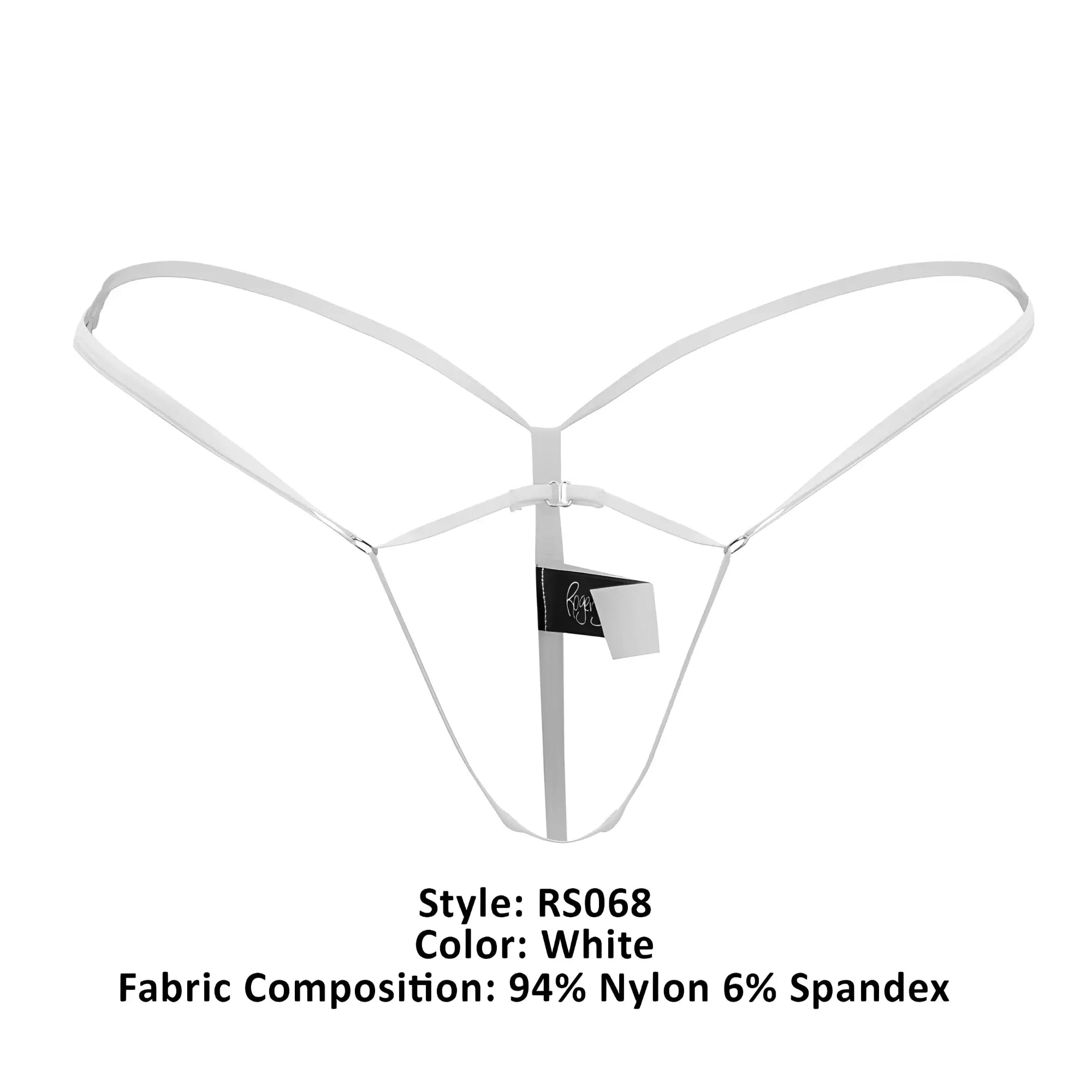Roger smuth rs068 white thong made of 94 nylon 6 spandex with minimalist design and thin straps shown from the back