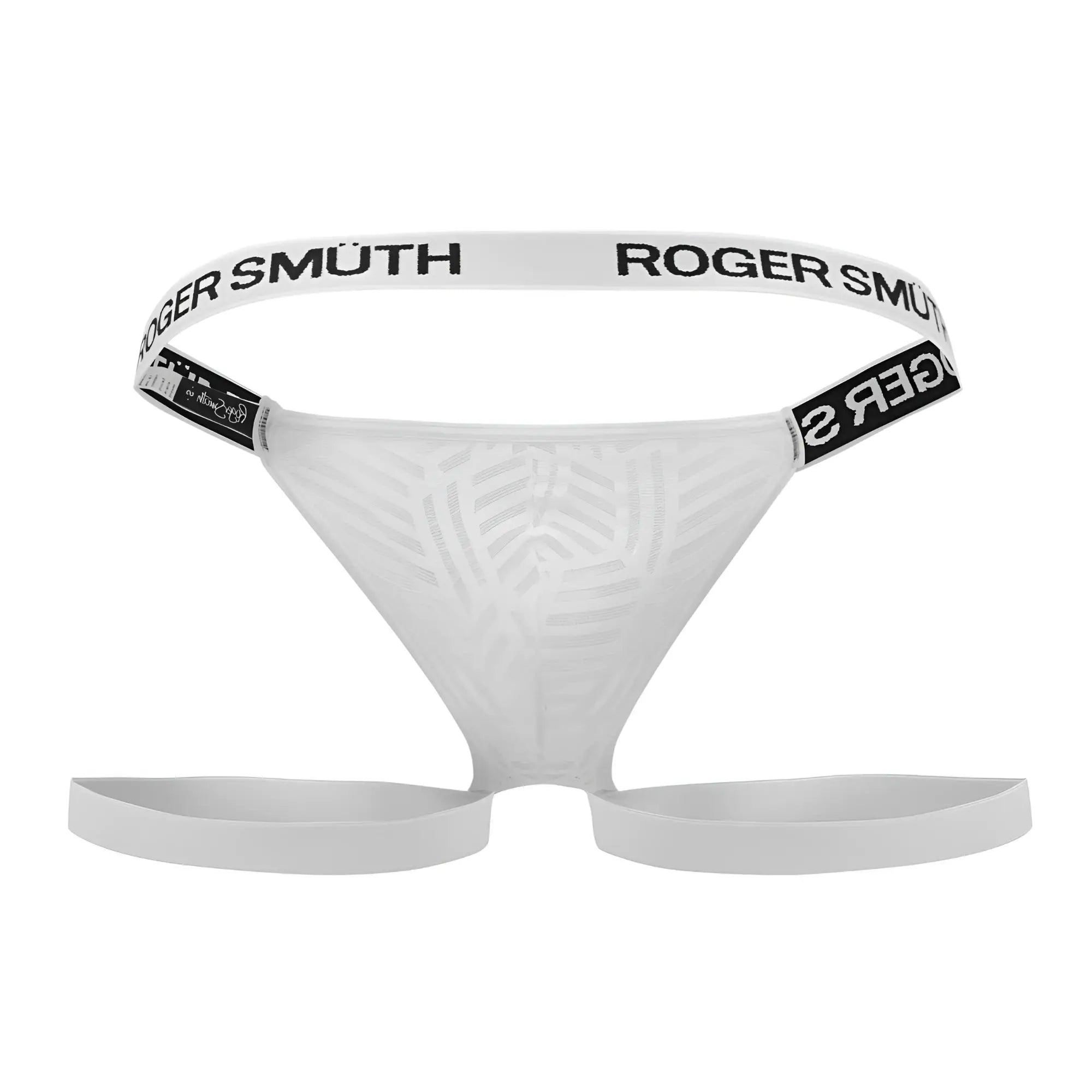 White roger smuth rs071 jockstrap thong with subtle textured pattern and elastic waistband front view