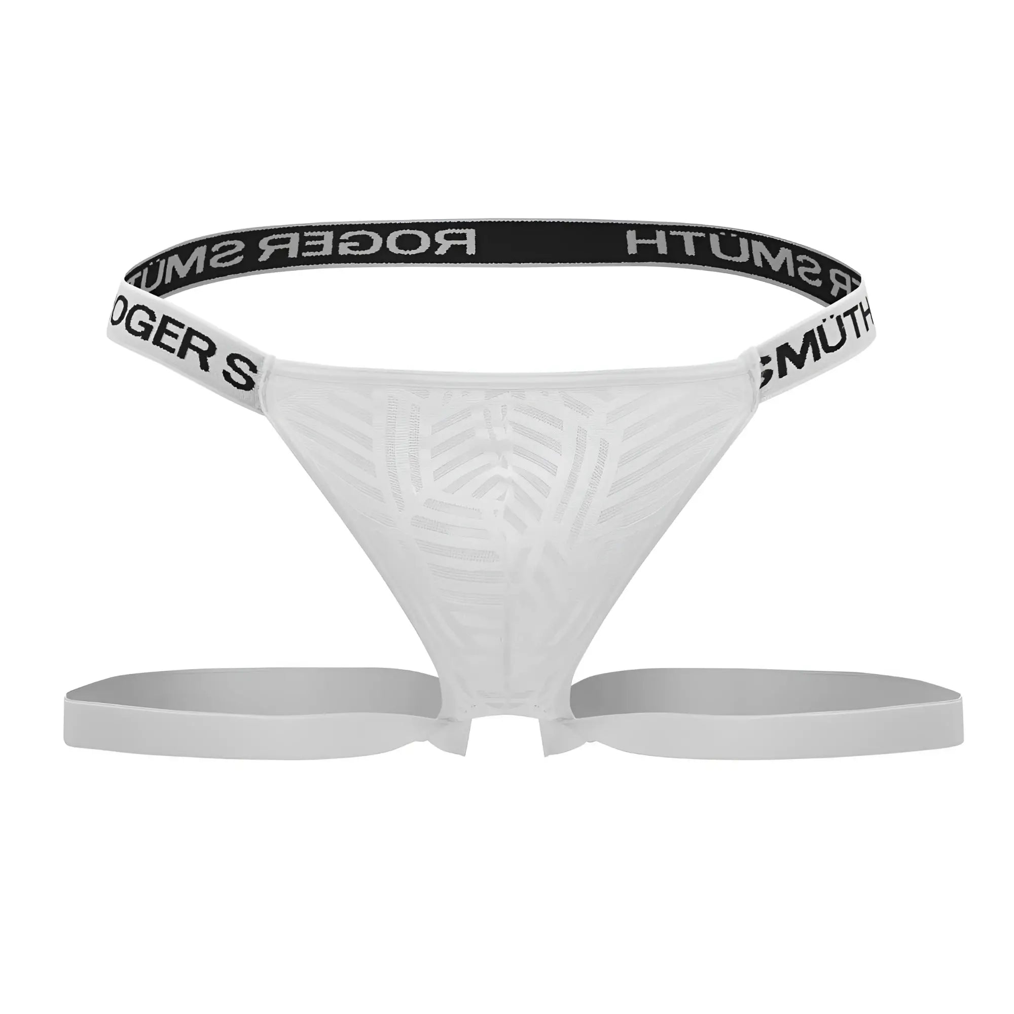 White roger smuth rs071 jockstrap thong with subtle texture and black elastic waistband branded with roger smuth